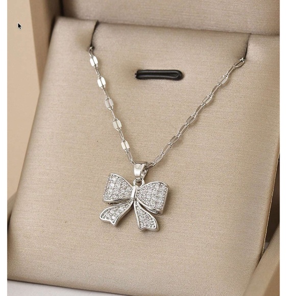 Jewelry - Dainty Stainless Steel Rhinestone Bow Necklace